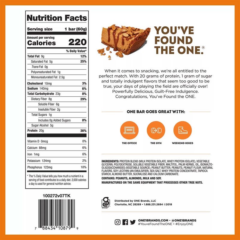 One Bar Gluten Free Protein Rich Peanut Butter Pie Flavored Protein Bar 60g