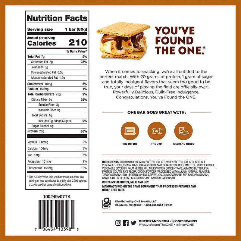 One Bar Gluten Free Protein Rich S'mores Flavored Protein Bar 60g