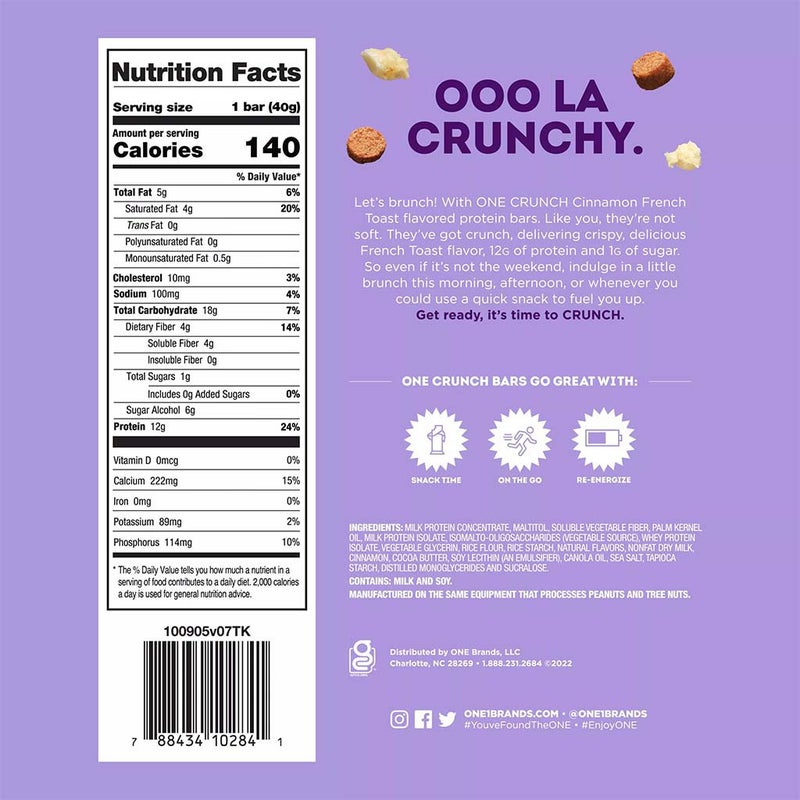 One Bar Gluten Free Crunch Cinnamon French Toast Flavored Protein Bar 40g