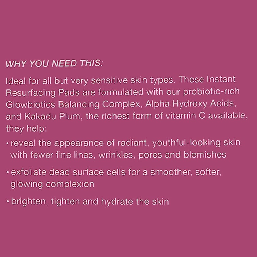 GlowBiotics Probiotic Instant Resurfacing Gentle Facial Exfoliating Pads With AHA, Pack of 45's