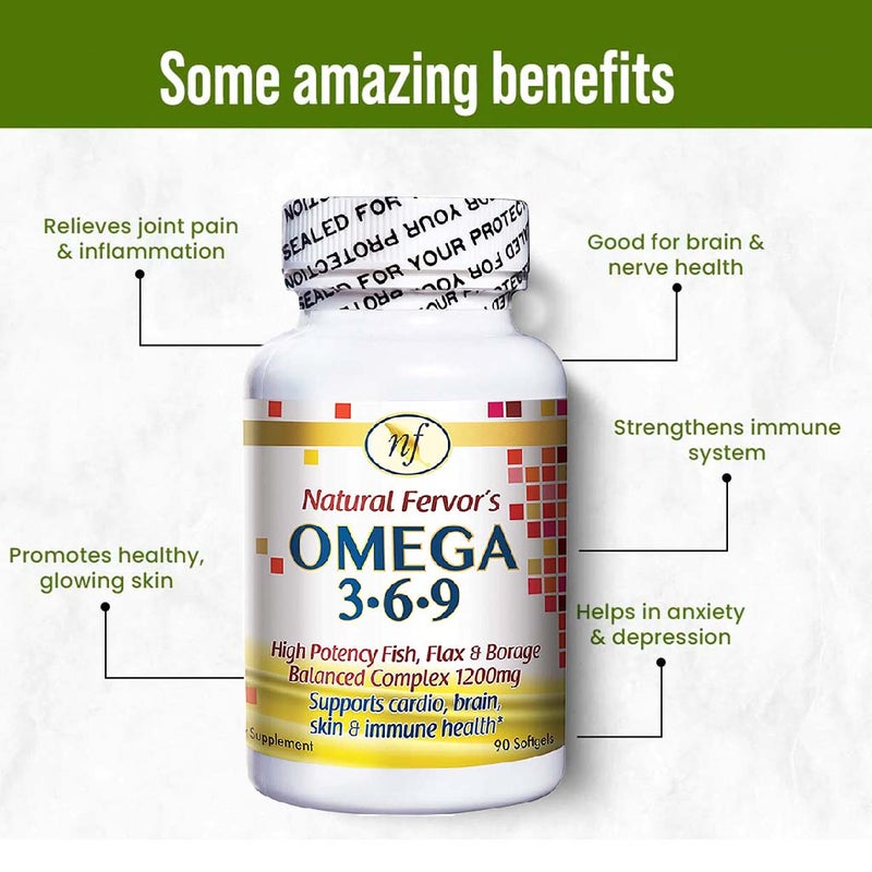 Natural Fervor Omega 3 6 9 Flaxseed Oil, Borage Seed Oil, Fish Oil Supplement Softgels, Pack of 90's