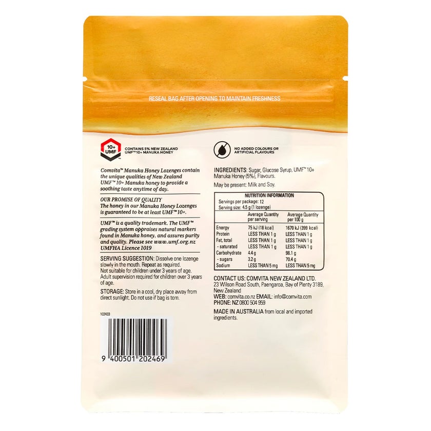 Comvita Soothing Manuka Honey Lozenges, Zesty Lemon Flavor, Pack of 12's