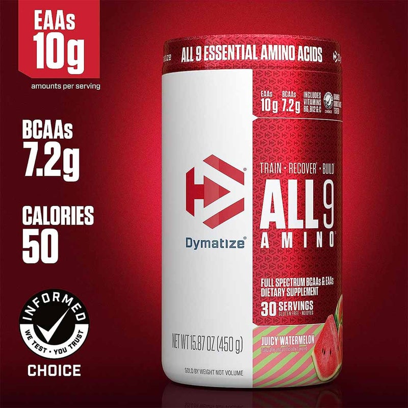 Dymatize All 9 Amino Full Spectrum BCAAs & EAAs Sports Supplement For Recovery, Juicy Watermelon 450g