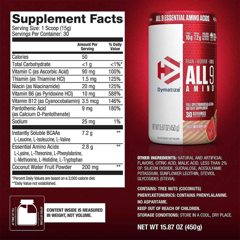 Dymatize All 9 Amino Full Spectrum BCAAs & EAAs Sports Supplement For Recovery, Juicy Watermelon 450g