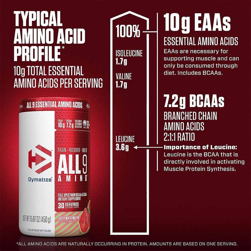 Dymatize All 9 Amino Full Spectrum BCAAs & EAAs Sports Supplement For Recovery, Juicy Watermelon 450g
