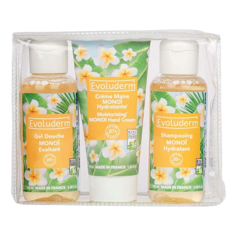 Evoluderm Travel Gift Box, Pack of Stimulating Monoi Shower Gel 100ml, Moisturizing Monoi Hand cream 50ml, Hydrating Monoi Shampoo 100ml