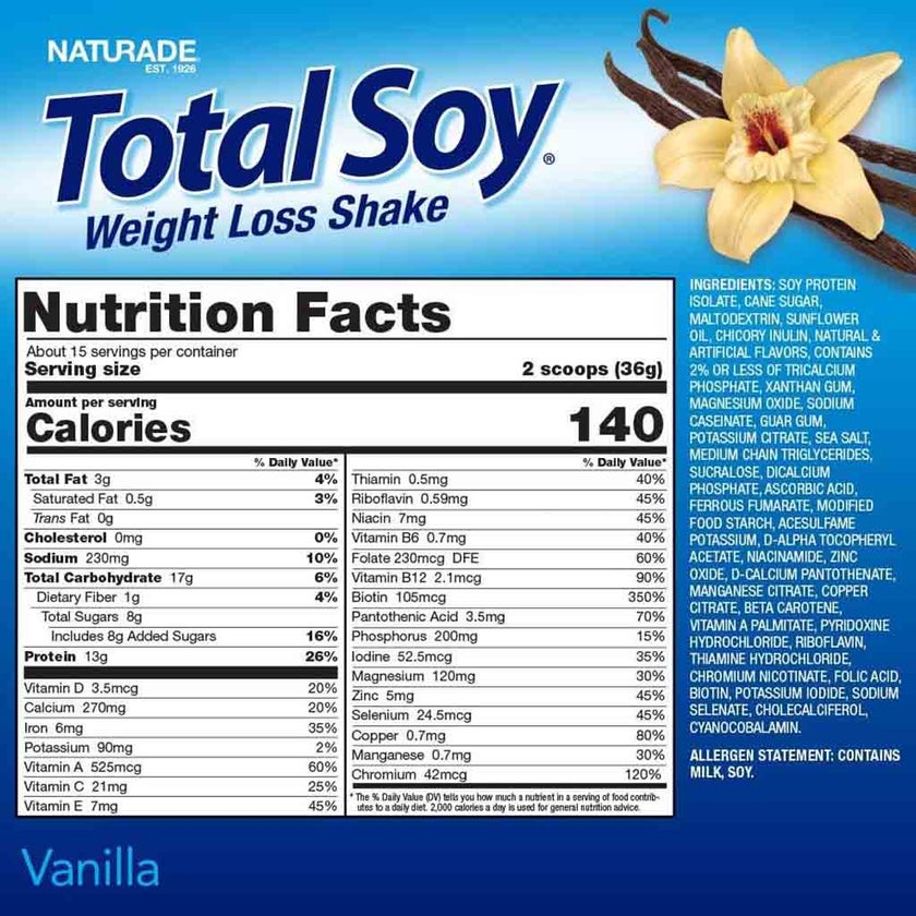 Naturade Total Soy Weight Loss Shake Vanilla Flavor, 15 Servings - 540g
