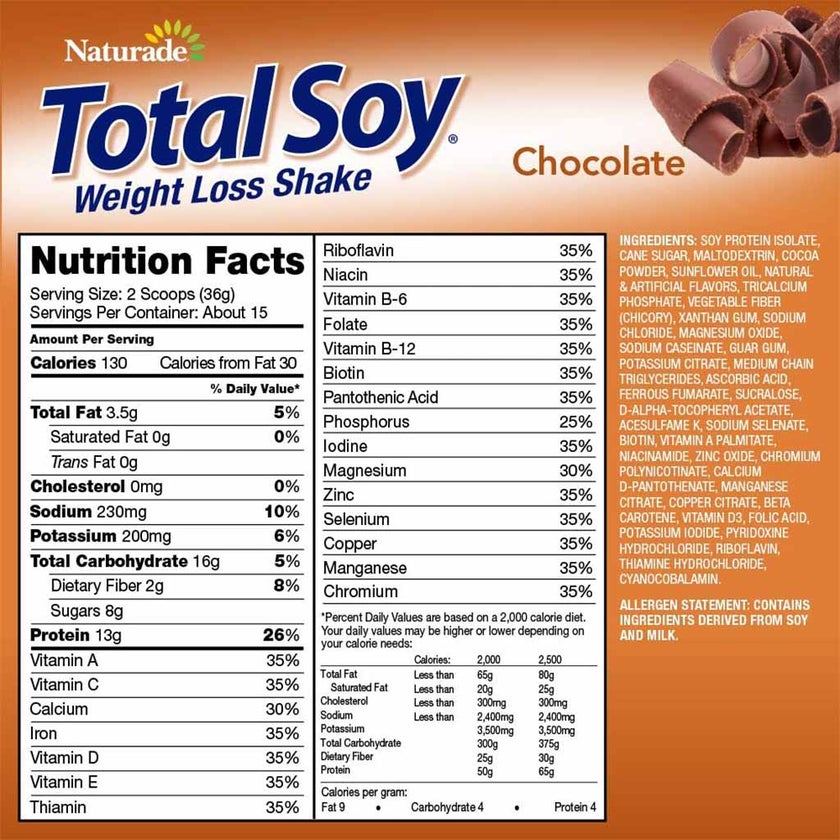 Naturade Total Soy Weight Loss Shake Powder, Chocolate Flavor, 15 Servings - 540g