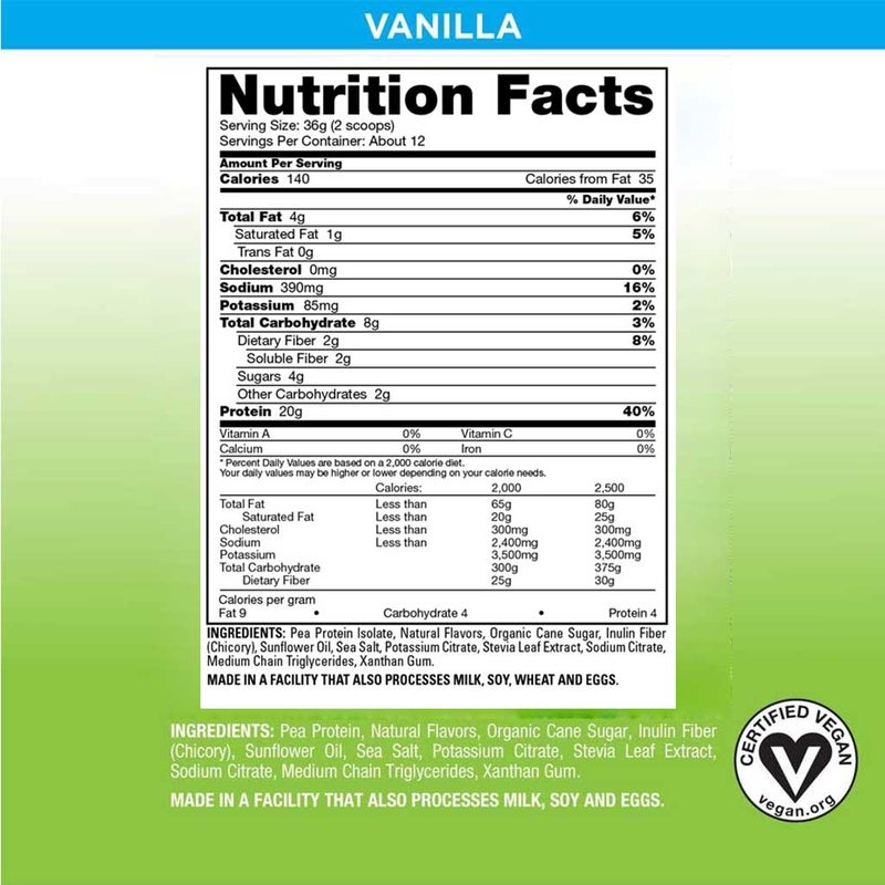 Naturade Pea Protein Vegan Shake Plant Based Protein Powder, Vanilla Flavor, 12 Servings - 444g