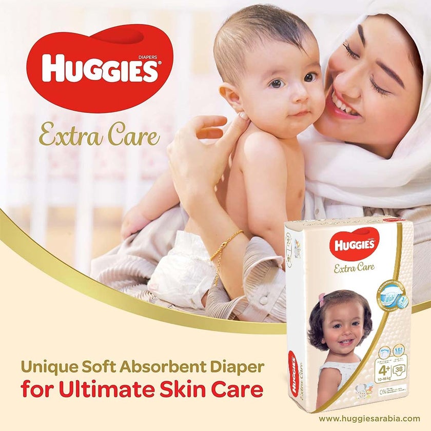 Huggies Extra Care Baby Diapers, Size 4+, For 10 -16 kg Baby, Pack of 38's