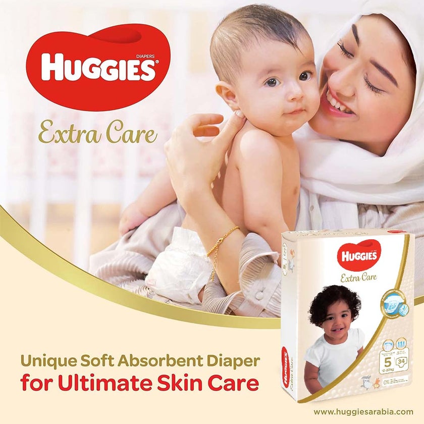 Huggies Extra Care Diapers, Size 5, For 12 -22 kg Baby, Pack of 34's