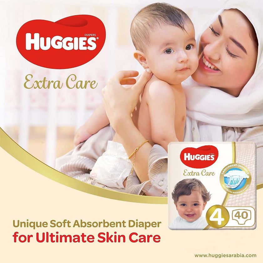 Huggies Extra Care Baby Diapers, Size 4, For 8-14kg Baby, Promo Pack of 2 x 40's