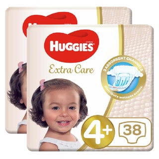 Huggies Extra Care Baby Diapers, Size 4+, For 10 -16kg Baby, Promo Pack of 2 x 38's