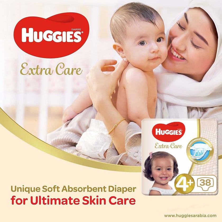 Huggies Extra Care Baby Diapers, Size 4+, For 10 -16kg Baby, Promo Pack of 2 x 38's