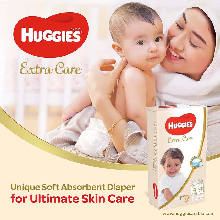 Huggies Extra Care Baby Diapers, Size 4, For 8-14kg Baby, Pack of 68's