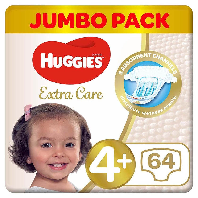 Huggies Extra Care Baby Diapers, Size 4+, For 10 -16 kg Baby, Pack of 64's