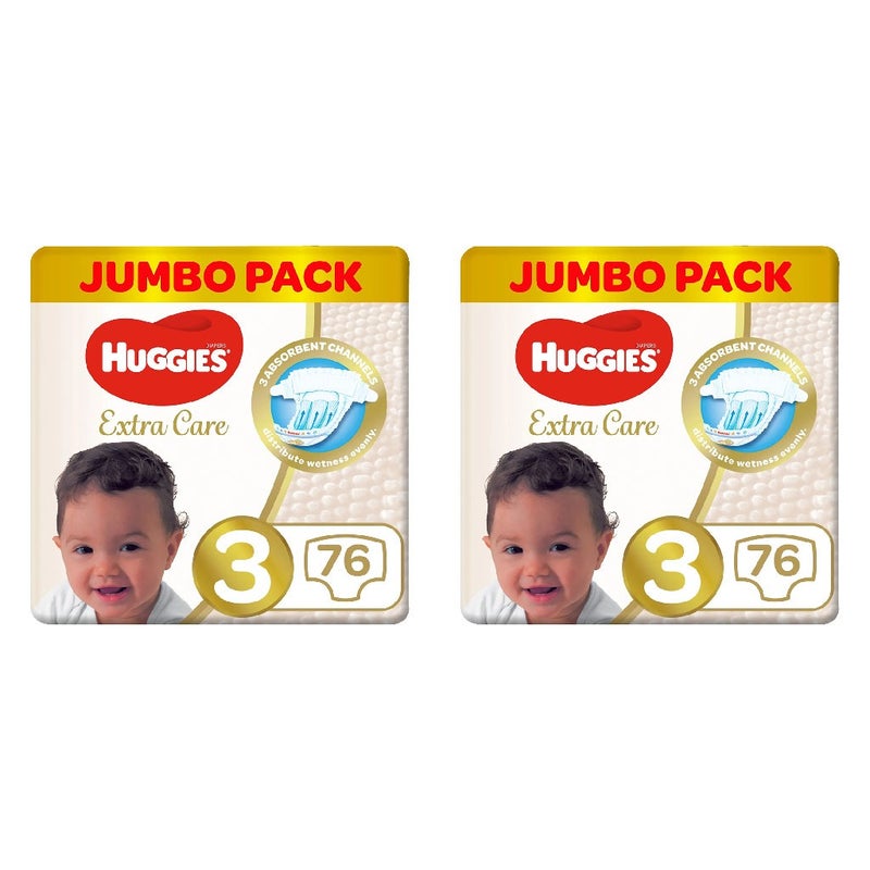 Huggies Extra Care Baby Diapers, Size 3, For 4-9Kg, Promo Jumbo Pack of 2 x 76's