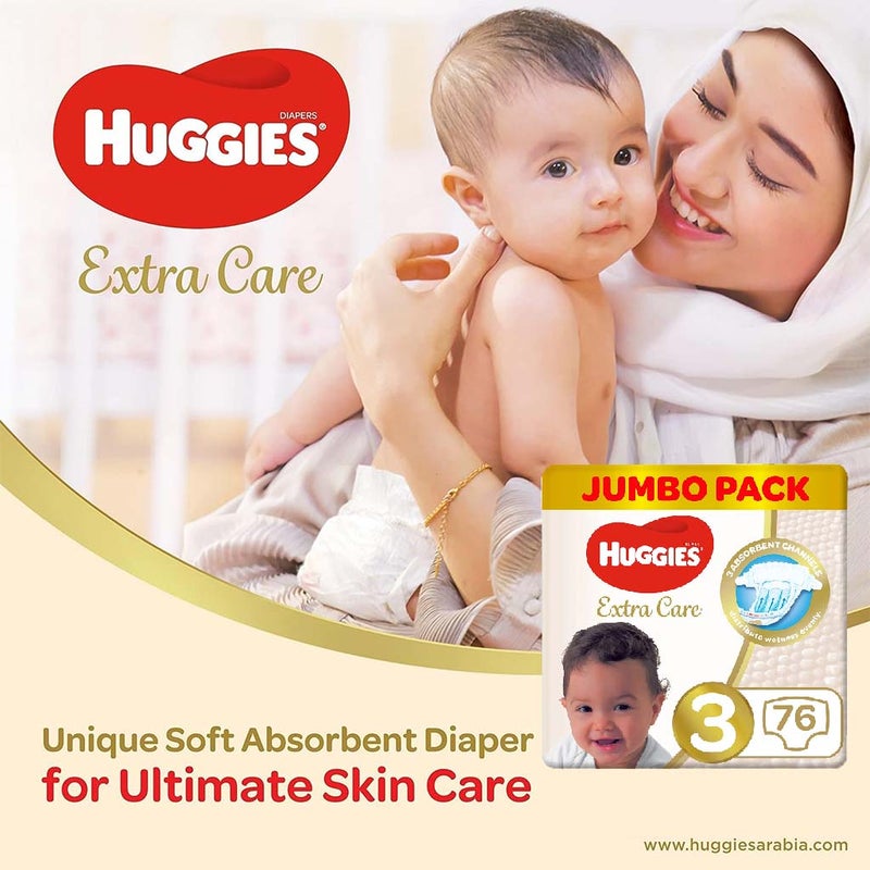 Huggies Extra Care Baby Diapers, Size 3, For 4-9Kg, Promo Jumbo Pack of 2 x 76's