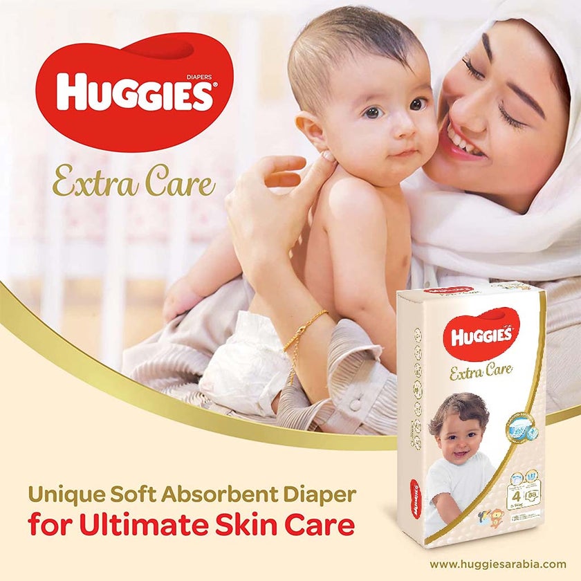 Huggies Extra Care Baby Diapers, Size 4, For 8-14Kg, Promo Jumbo Pack of 2 x 68's