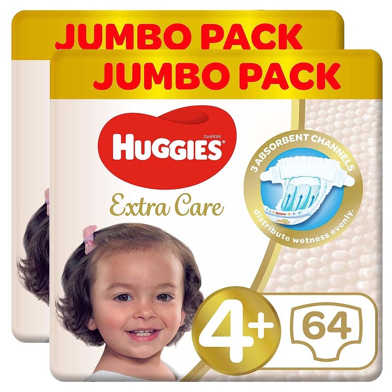 Huggies Extra Care Baby Diapers, Size 4+, For 10-16Kg, Promo Jumbo Pack of 2 x 64's