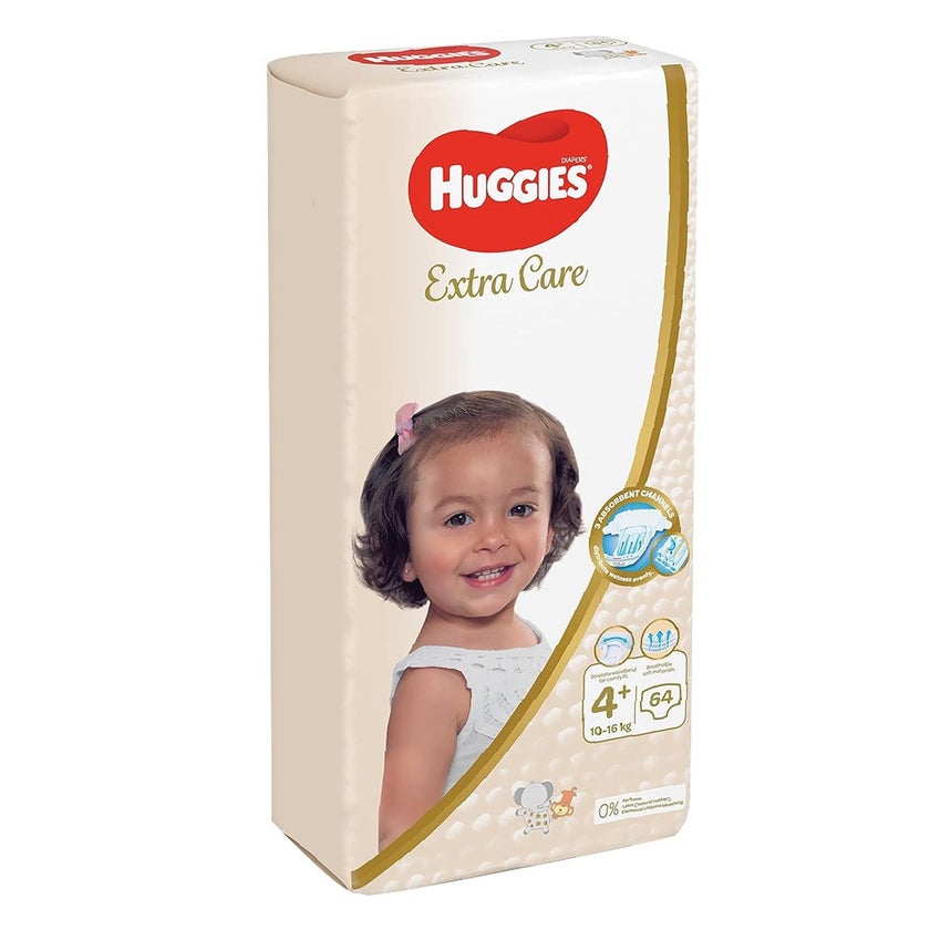 Huggies Extra Care Baby Diapers, Size 4+, For 10-16Kg, Promo Jumbo Pack of 2 x 64's