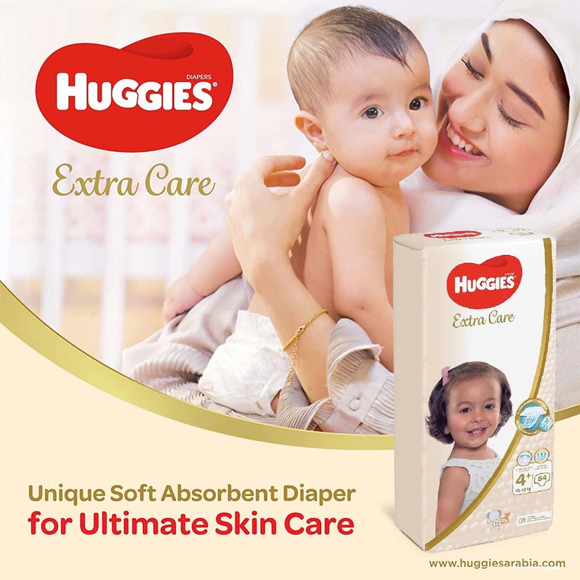 Huggies Extra Care Baby Diapers, Size 4+, For 10-16Kg, Promo Jumbo Pack of 2 x 64's