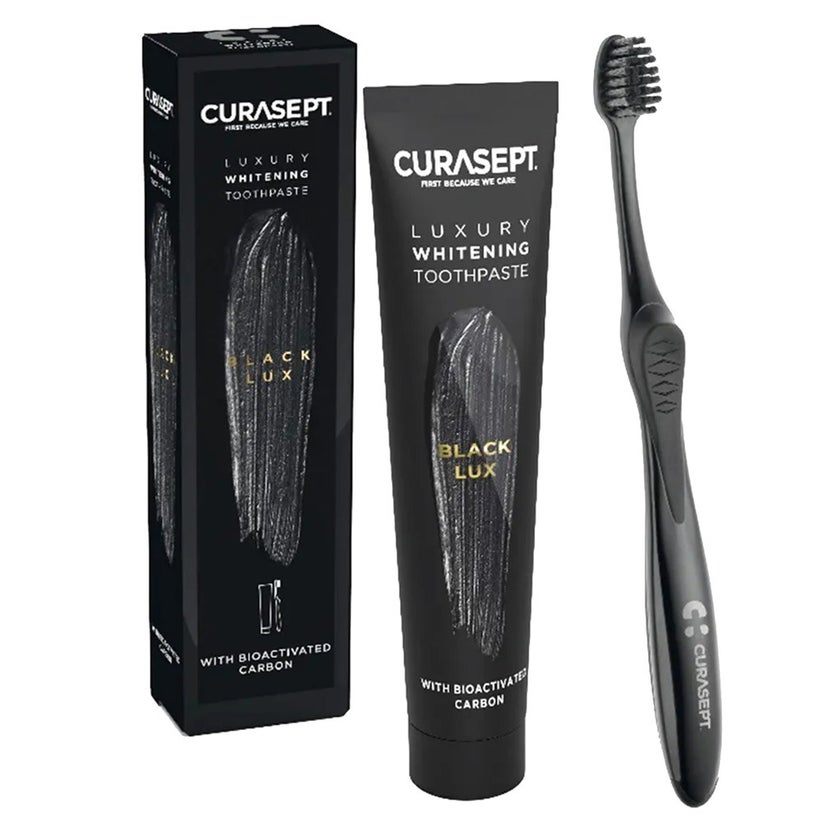 Curasept Black Luxury Whitening Toothpaste With Activated Carbon 75ml + Curasept Whitening Toothbrush, Pack of 2 pieces