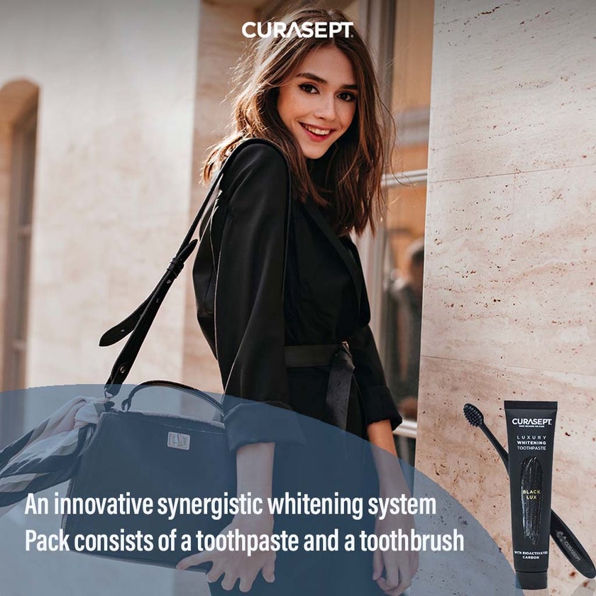 Curasept Black Luxury Whitening Toothpaste With Activated Carbon 75ml + Curasept Whitening Toothbrush, Pack of 2 pieces