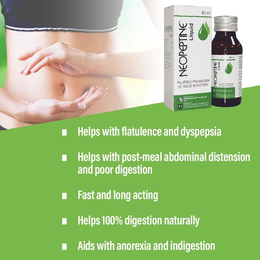 Neopeptine Digestive Enzyme Supplement, Palatable Liquid For Indigestion Relief 60ml