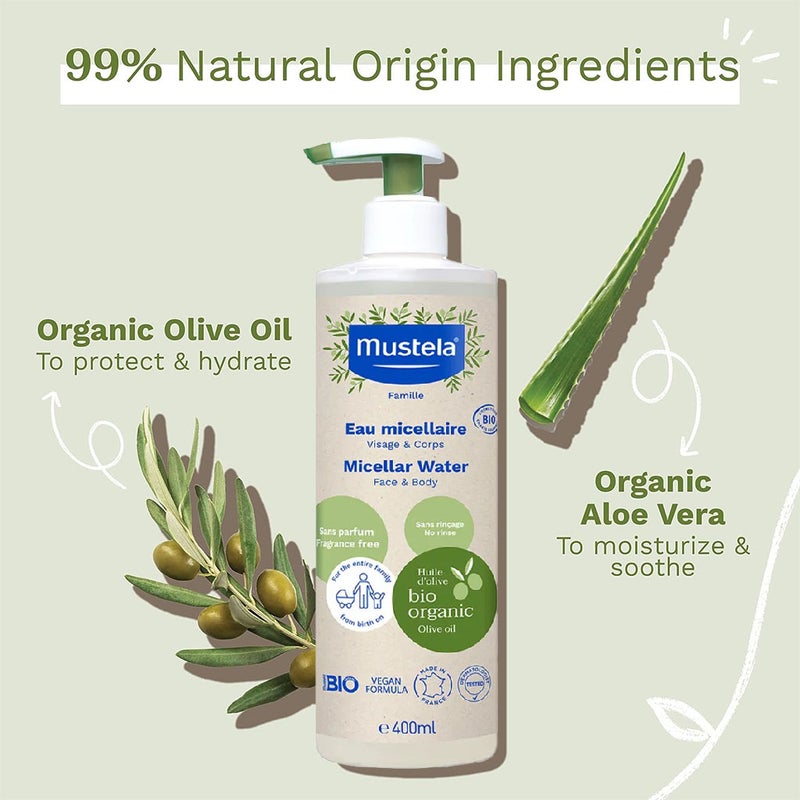 Mustela Bio Organic No Rinse Cleansing Micellar Water For Face And Body 400ml