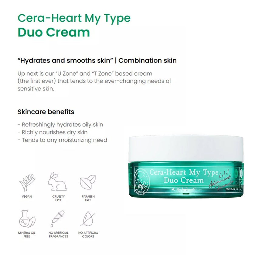 Axis-Y Cera-Heart My Type Hydrate & Smooth, Cooling & Nourishing 2-In-1 Duo Cream 60ml