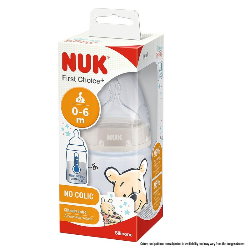Nuk First Choice+ Disney Winnie The Pooh Anti-Colic 150ml Baby Feeding Bottle With Temperature Control, Assorted Colors, Pack of 1's