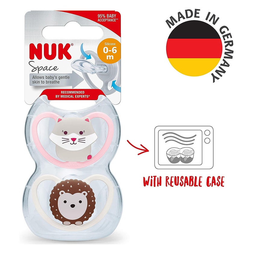 NUK Space Silicone Soothers For 0-6 Months Baby, Assorted Pack of 2's