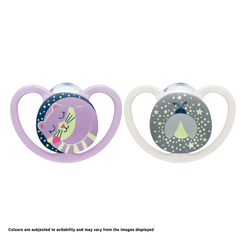 NUK Space Night Silicone Soothers For 0-6 Months Baby, Assorted Pack of 2's