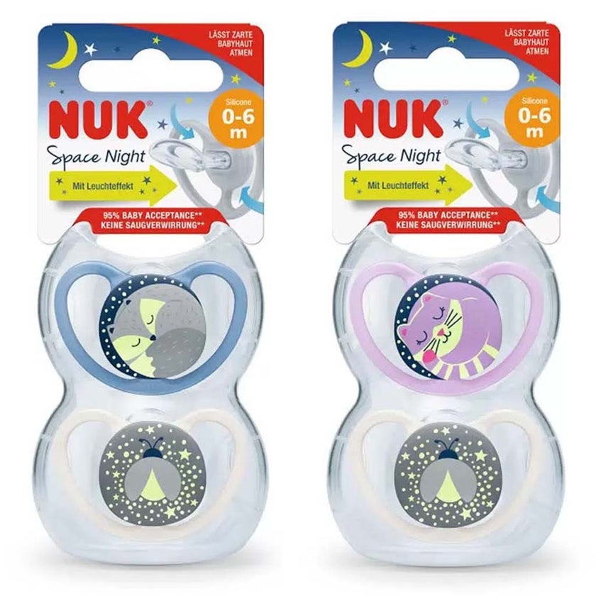 NUK Space Night Silicone Soothers For 0-6 Months Baby, Assorted Pack of 2's