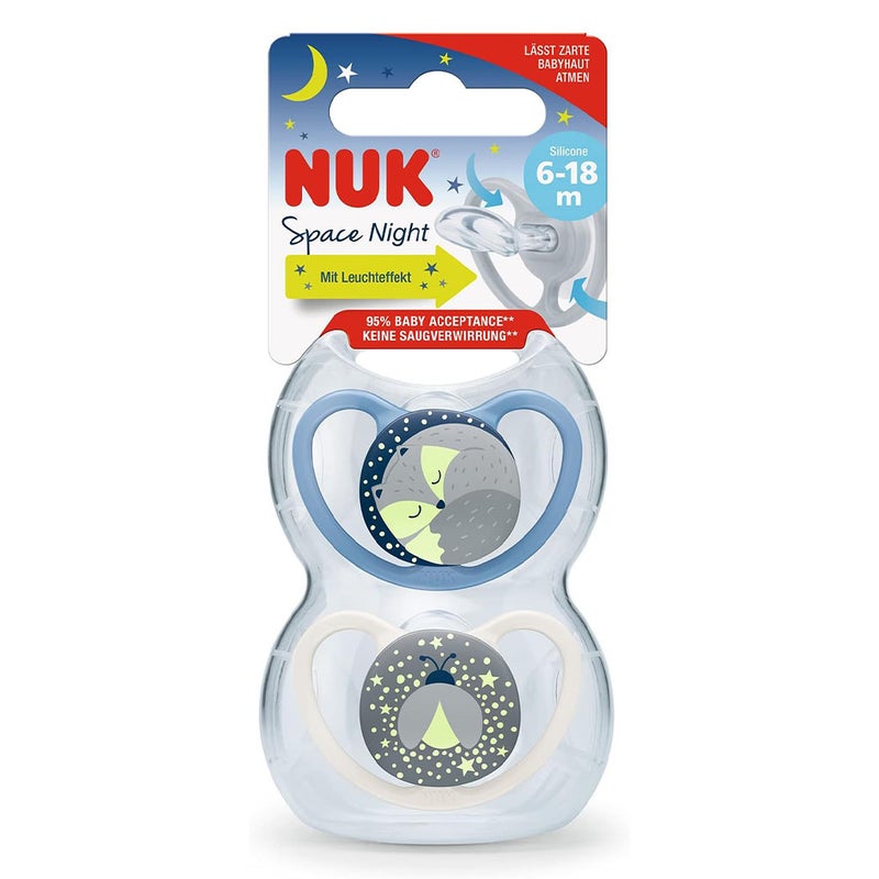 NUK Space Night Silicone Soothers For 6-18 Months Baby, Assorted Pack of 2's
