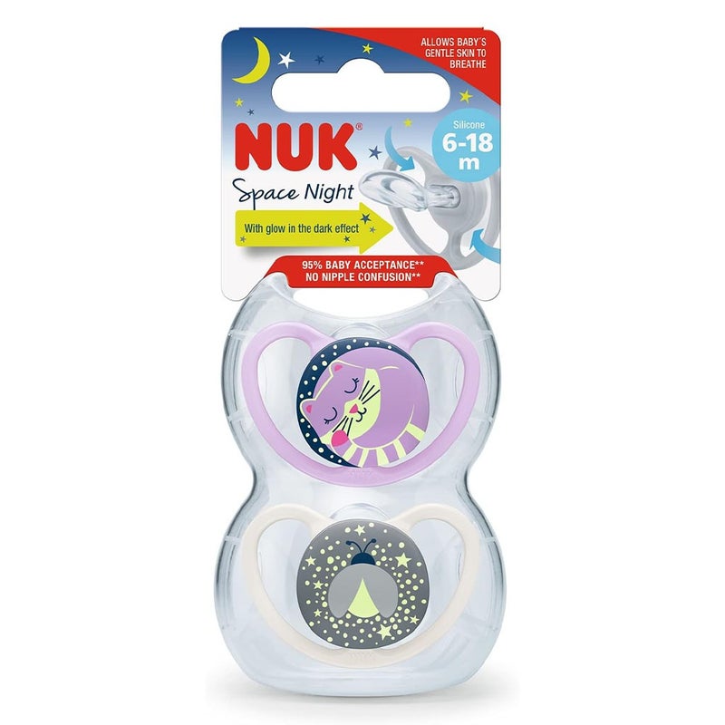 NUK Space Night Silicone Soothers For 6-18 Months Baby, Assorted Pack of 2's