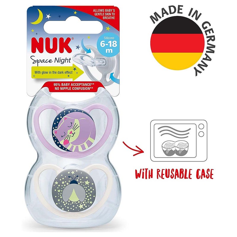 NUK Space Night Silicone Soothers For 6-18 Months Baby, Assorted Pack of 2's