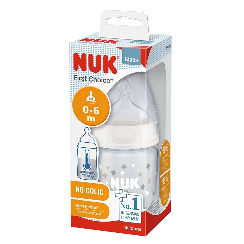Nuk First Choice+ 120ml Anti-Colic Baby Feeding Glass Bottle With Temperature Control, Assorted Pack of