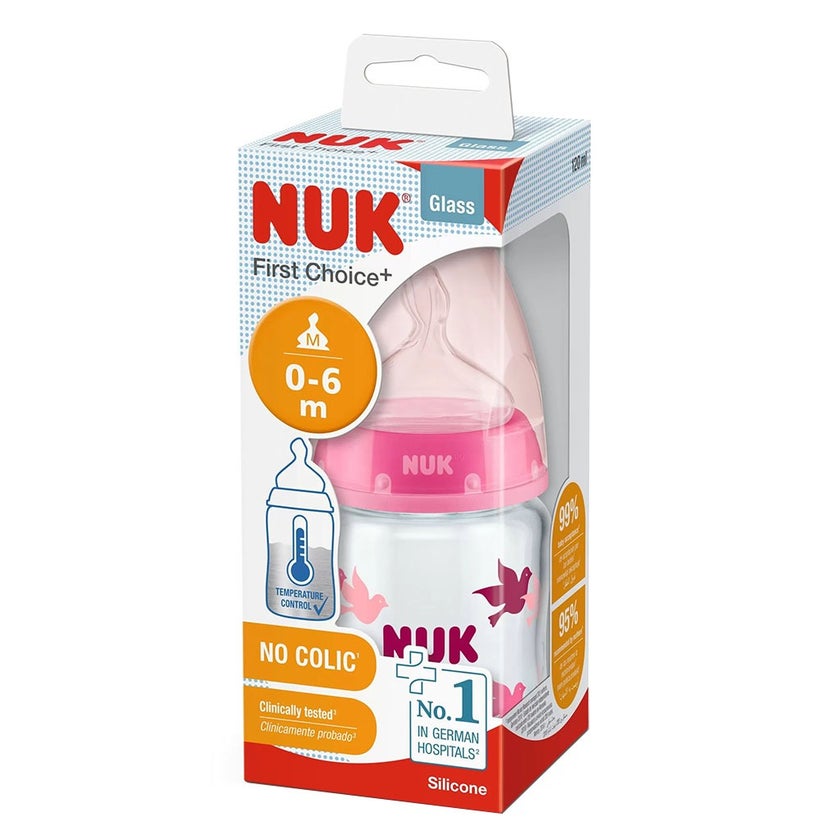 Nuk First Choice+ 120ml Anti-Colic Baby Feeding Glass Bottle With Temperature Control, Assorted Pack of