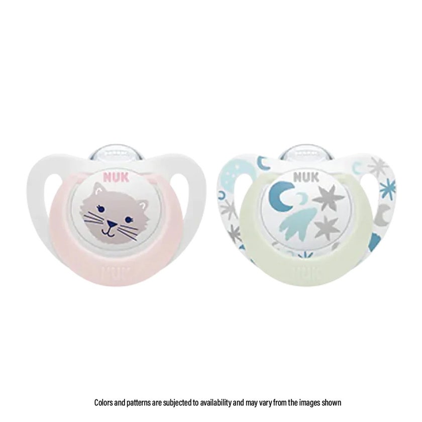 NUK Star Day & Night Silicone Soothers For 0-6 Months Baby, Assorted Pack of 2's
