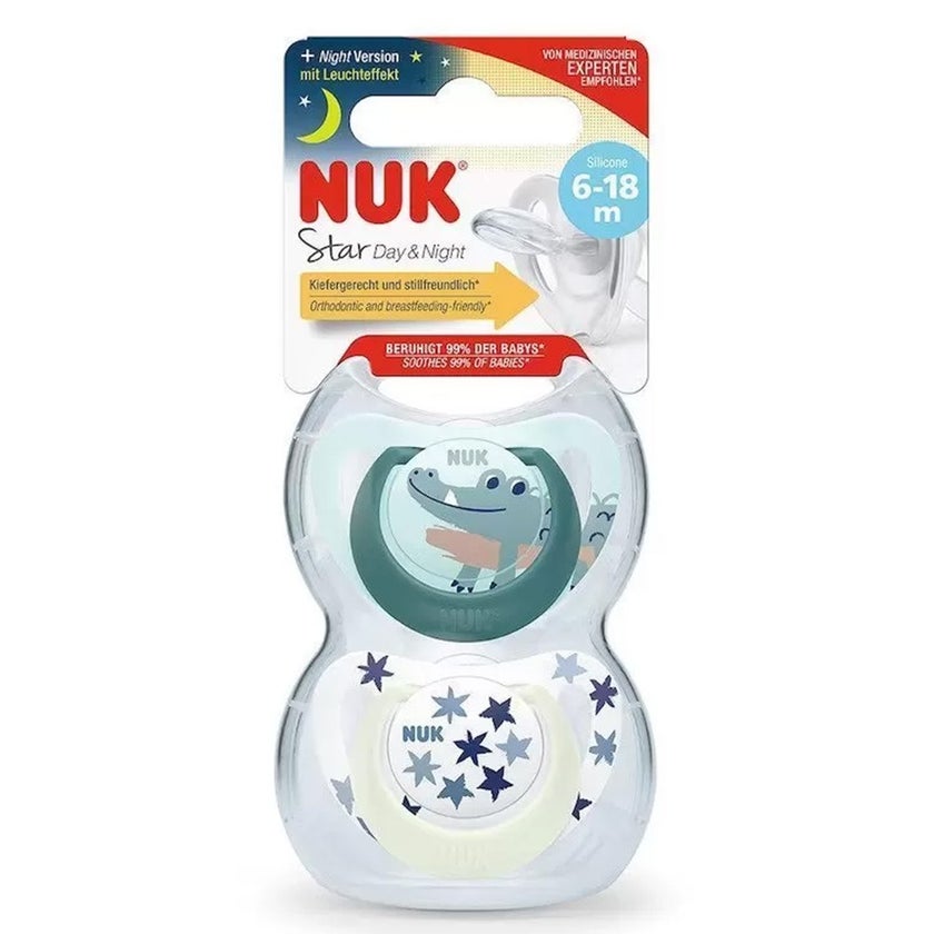 NUK Star Day & Night Silicone Soothers For 6-18 Months Baby, Assorted Pack of 2's