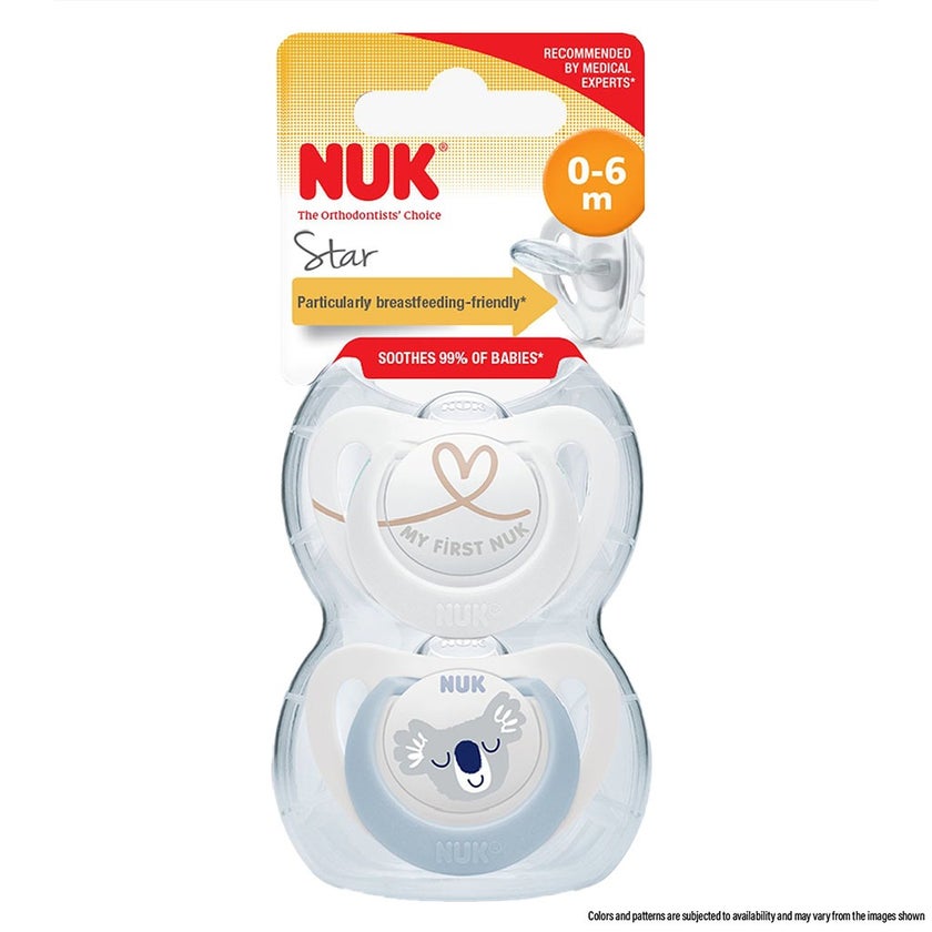 NUK Star Silicone Soother For 0-6 Months Baby, Assorted Pack of 2's