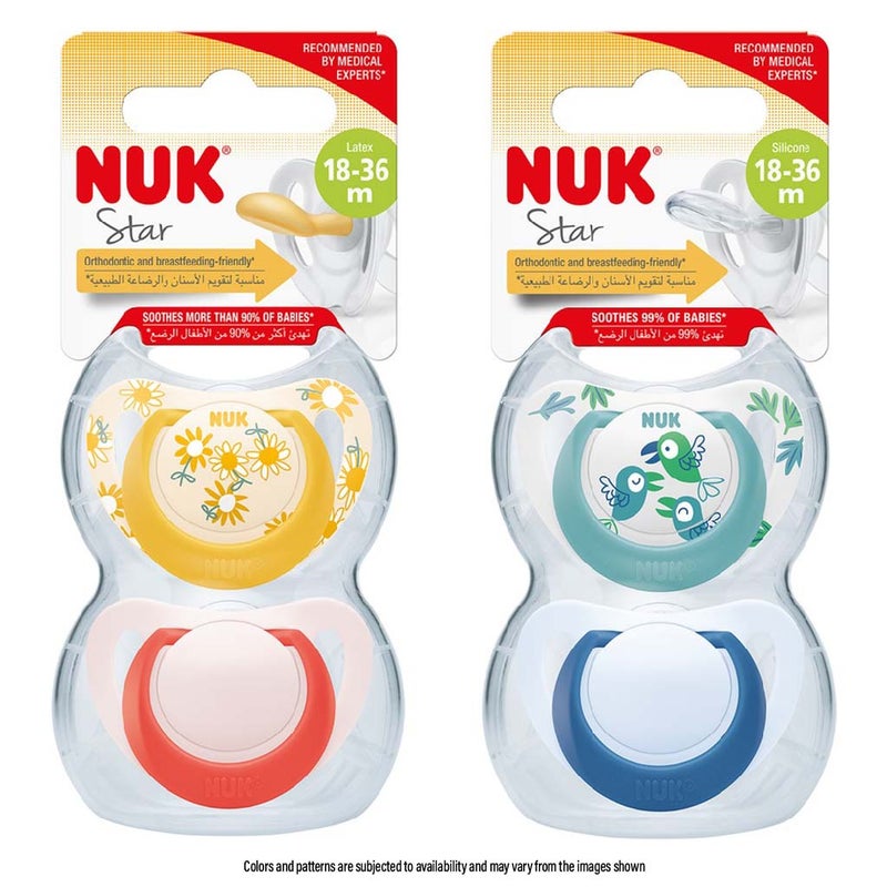 NUK Star Silicone Soother For 6-18 Months Baby, Assorted Pack of 2's