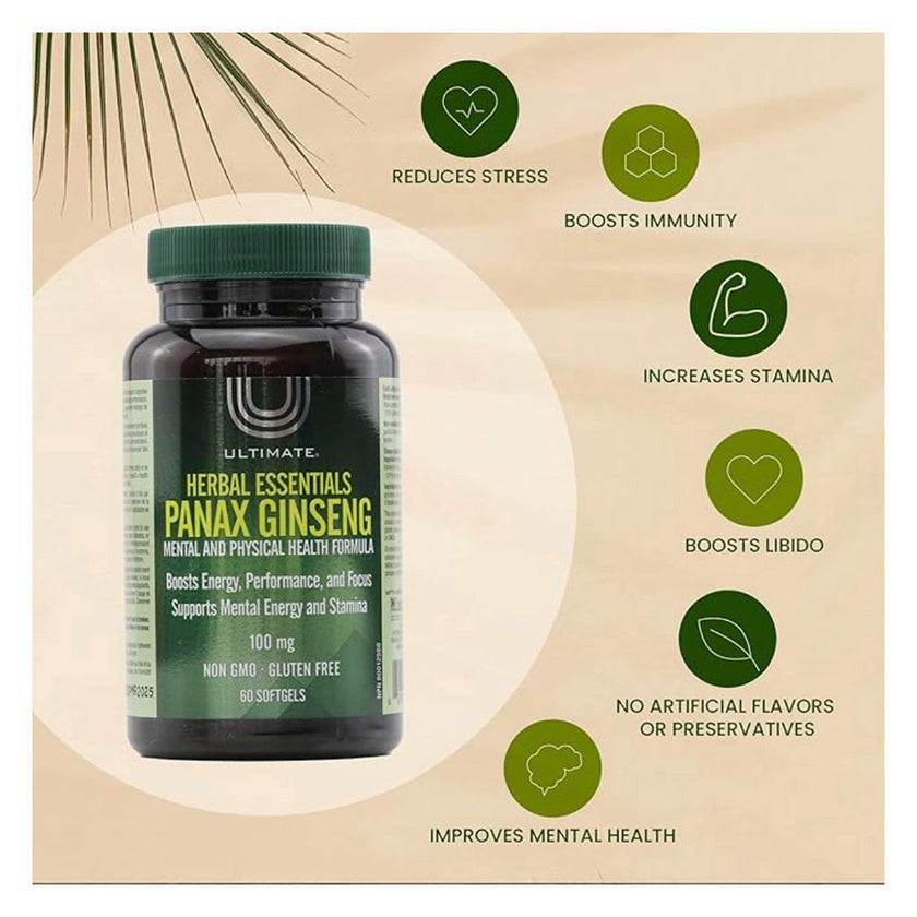 Ultimate Herbal Essential Panax Ginseng Softgels 100mg, Pack of 60’s