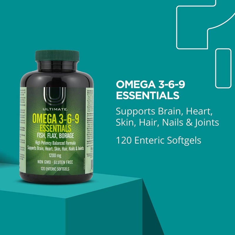 Ultimate Omega 3 6 9 Essentials Fish Oil, Flax seed, Borage Oil Supplement Softgels, Pack of 120's