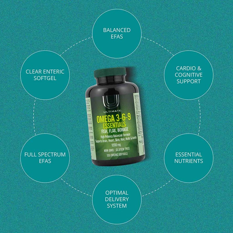 Ultimate Omega 3 6 9 Essentials Fish Oil, Flax seed, Borage Oil Supplement Softgels, Pack of 120's
