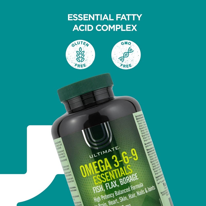 Ultimate Omega 3 6 9 Essentials Fish Oil, Flax seed, Borage Oil Supplement Softgels, Pack of 120's
