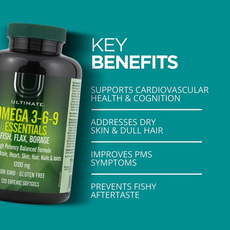 Ultimate Omega 3 6 9 Essentials Fish Oil, Flax seed, Borage Oil Supplement Softgels, Pack of 120's