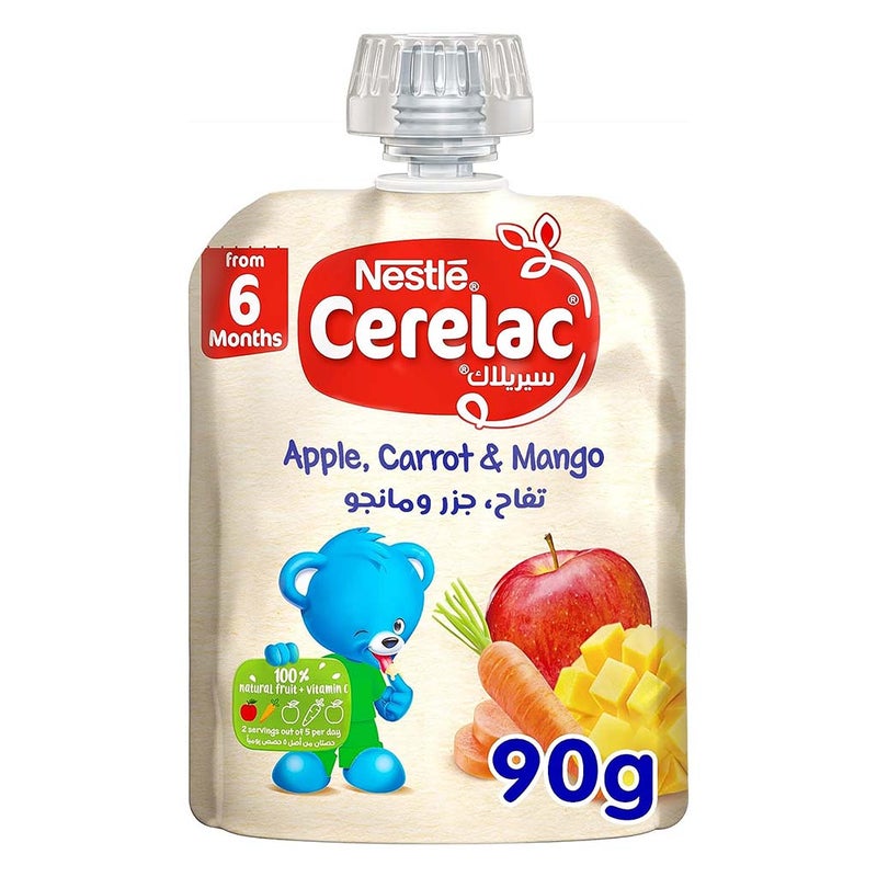 Nestle Cerelac Fruits Puree Pouch With Apple, Carrot & Mango For Babies From 6 Months, 16 x 90g, Pack of 16's